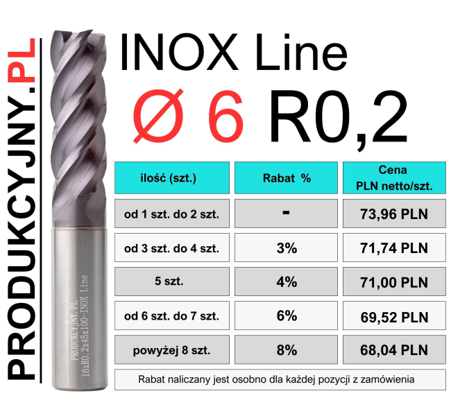 Frez z promieniem naroża fi 6 R0,2 INOX LINE